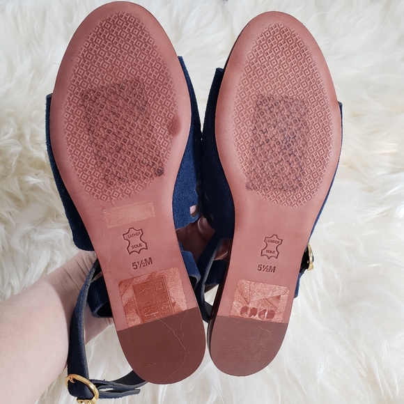 Like New Tory Burch May Perforated Navy Open Toe Suede Ankle Strap Sandal Sz 5.5 - Picture 7 of 10